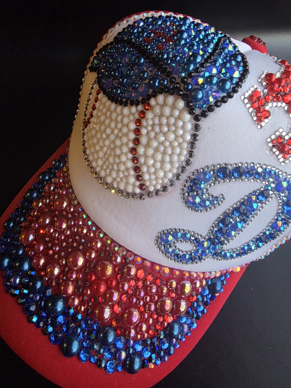 Rhinestone Embellished Red & White Baseball Cap